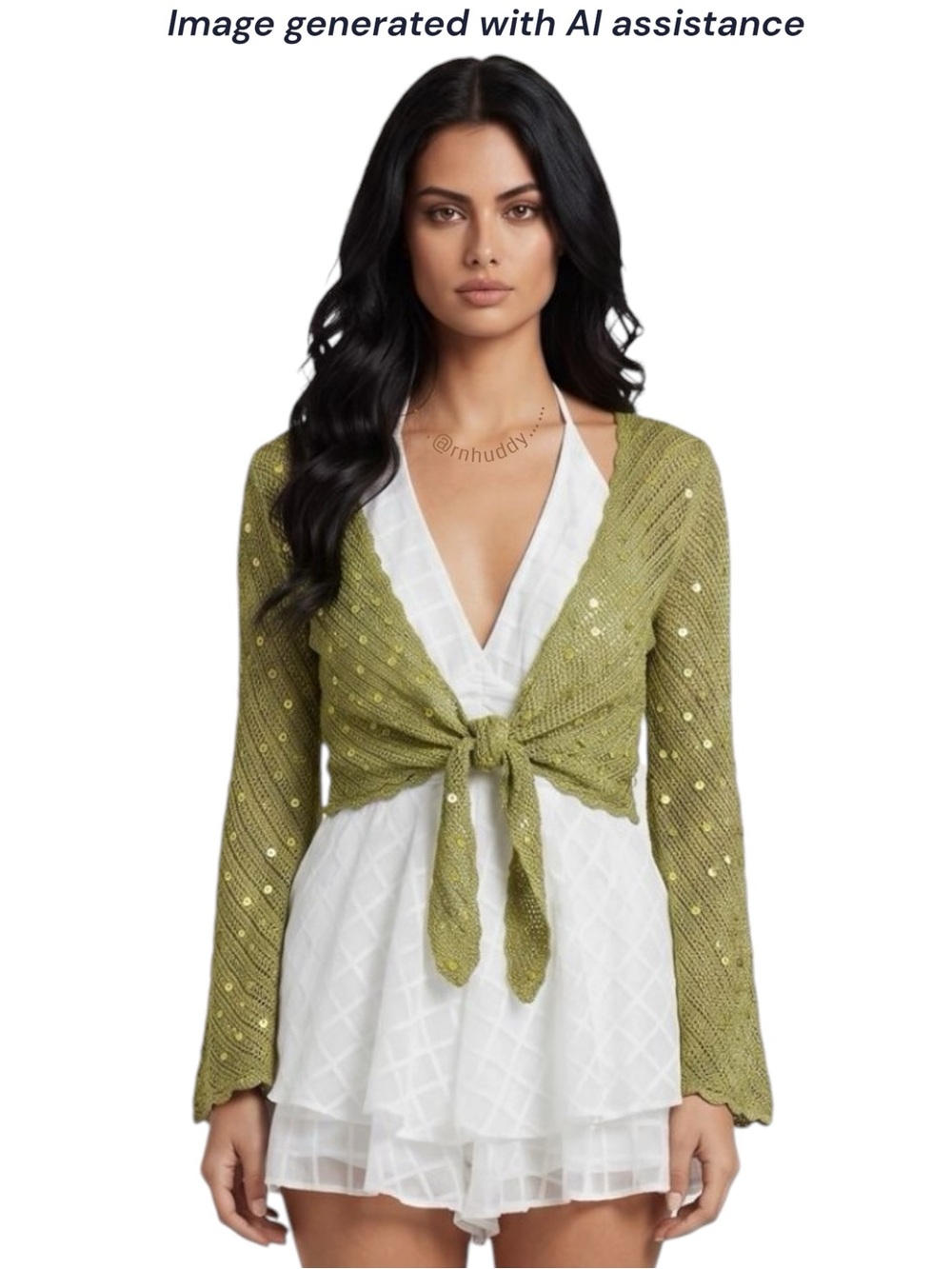 Belissima accessories OS green crochet sequin 60% silk cardigan